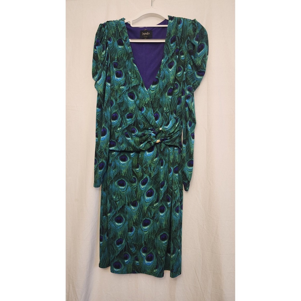 Laundry By Shelli Segal Dress Womens 6 Green Peacock Print Wrap Knot Front
